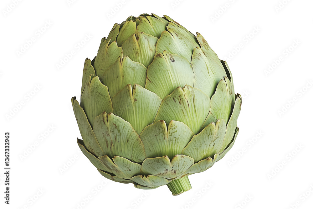 Fototapeta premium Single fresh green artichoke with detailed texture isolated on white transparent background. Concept of healthy eating, organic food, and vegetarian diet