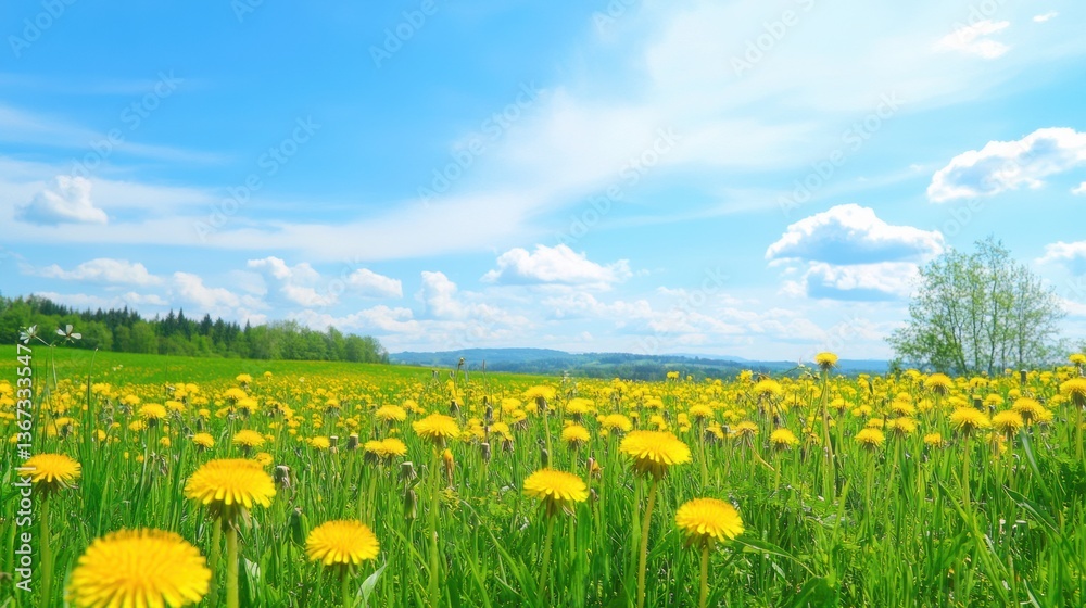 Fototapeta premium Serene Field Filled with Dandelions Against a Stunning Blue Sky Backdrop