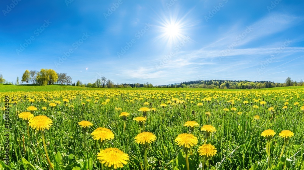 Fototapeta premium Serene Field Filled with Dandelions Against a Stunning Blue Sky Backdrop