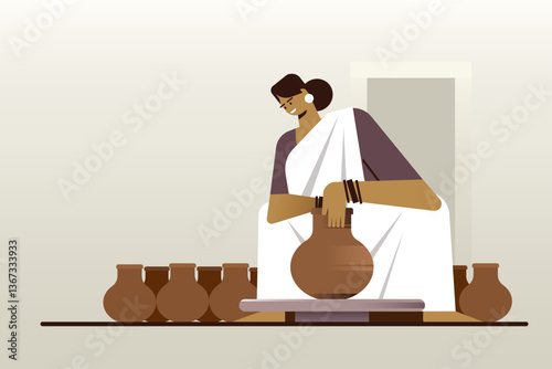 Illustration of a woman dressed in a traditional Indian outfit engaged in pottery making