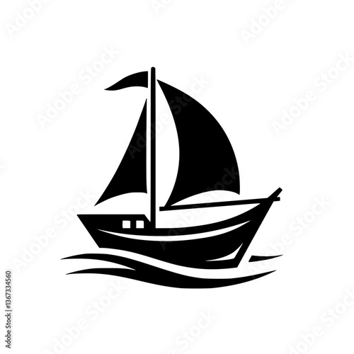 Silhouette of a stylized sailboat with a single mast and two sails, afloat on abstracted waves, depicted in bold black against a white background.