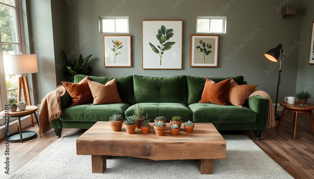 Fototapeta premium Interior design featuring a green velvet sectional sofa with cozy throw pillows, a wooden coffee table, indoor plants, and decorative wall art, creating a warm and stylish relaxation space.