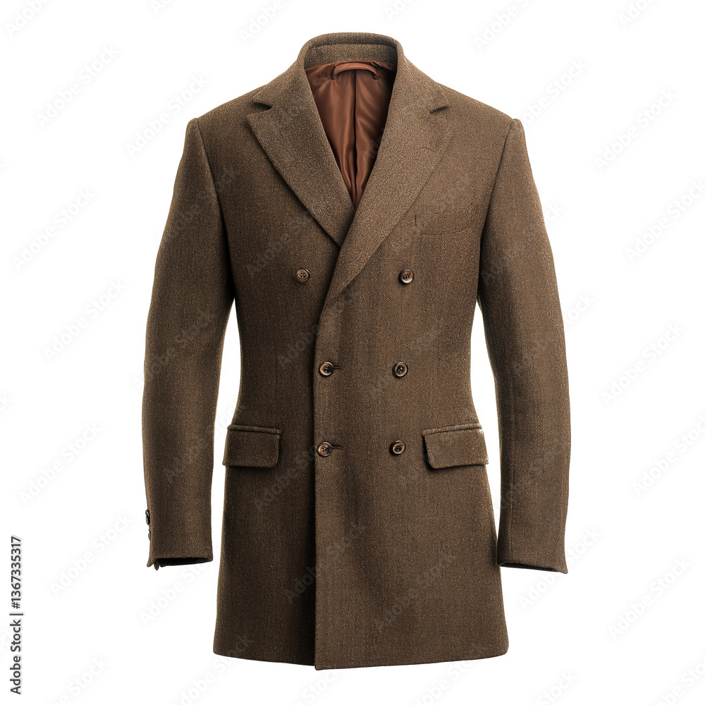 Brown Double-Breasted Coat | Isolated Formal Outerwear on White Background Brown Double-Breasted Coat | Isolated Formal Outerwear on White Background