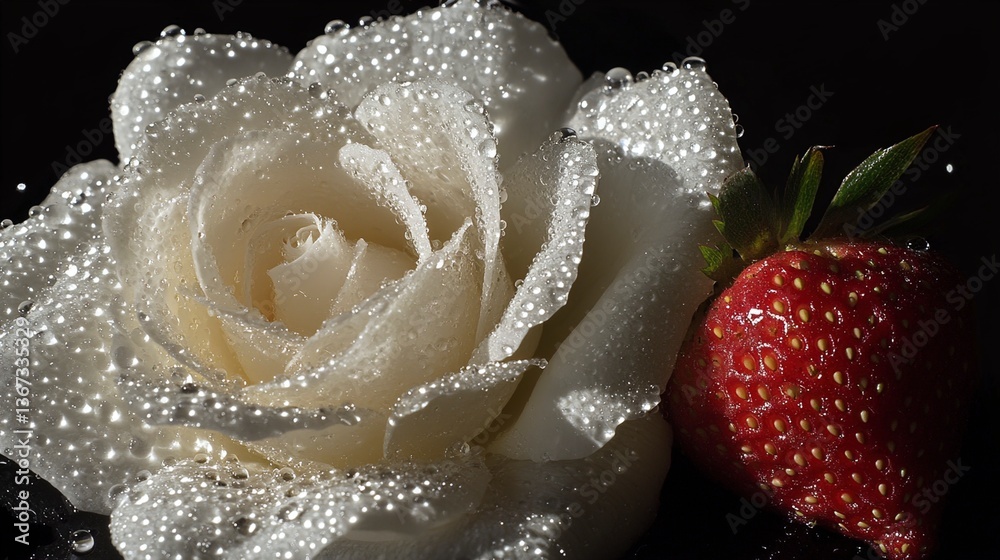 Fototapeta premium Dew-Kissed White Rose and Ripe Strawberry