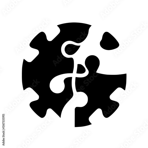 A minimalist black and white image of a circle formed by several puzzle piece shapes, suggesting unity and interconnection.