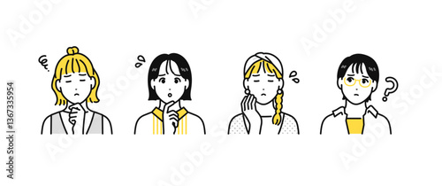 悩む若い女性4人のシンプルな人物アイコンセット