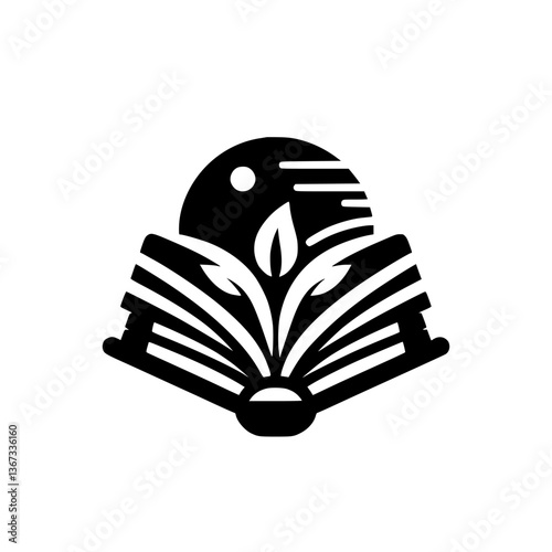 A stylized black and white logo featuring an open book with pages resembling leaves, a central sprout, and an enclosing sphere above.