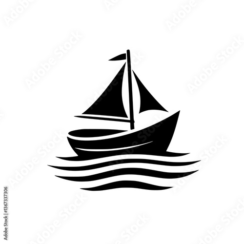 A stylized, black and white illustration of a sailboat gracefully gliding on stylized waves, evoking a sense of nautical charm.
