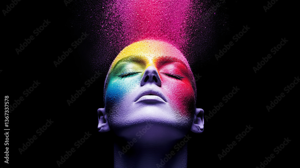 Vibrant colors burst from serene face, creating striking visual Vibrant colors burst from serene face, creating striking visual