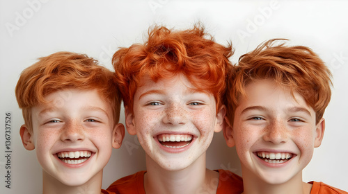 Photo Portrait of Three Smiling Boys with Red Hair on White