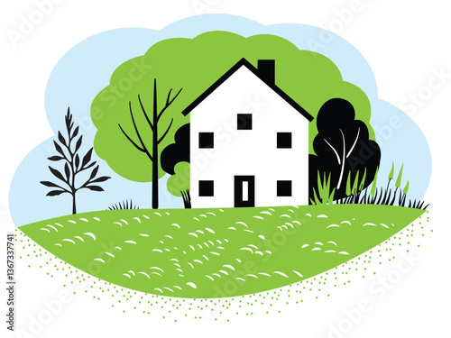 A farmhouse, a village with a field and trees