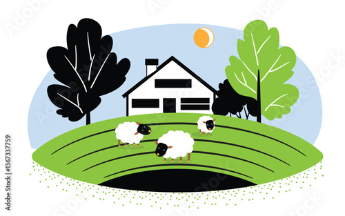 Sheep graze in a field near the village.