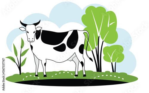 A cow in a pasture, grazing on the grass. Village Dairy Farm