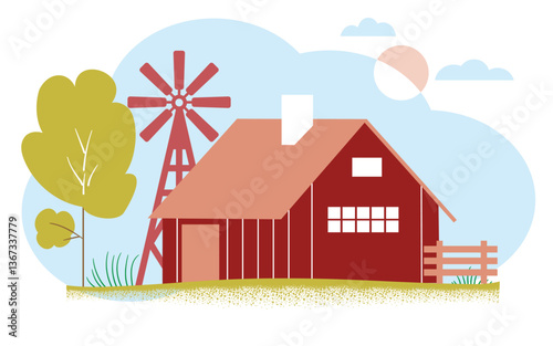 A farmhouse, a village with a field and trees