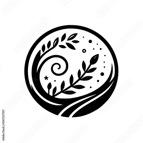 A stylized circular logo depicting an elegant, monochrome botanical design featuring swirling leaves and a spiral, enclosed by a black ring, with a starry background.