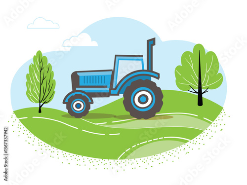 The blue tractor in the field
