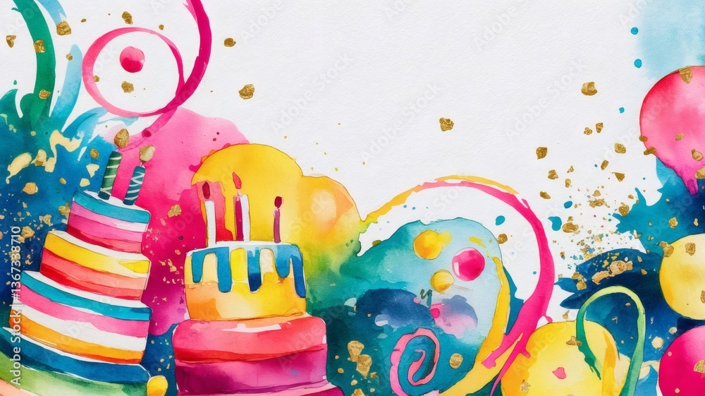 Obraz premium Colorful Watercolor Birthday Celebration Background, Festive Hand-Painted Party Scene with Cakes and Balloons, Vibrant Artistic Birthday Card with Splashes of Color, Cheerful Watercolor Birthday Party