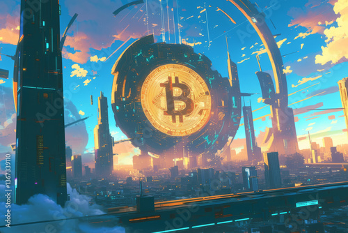 An abstract depiction of a bitcoin symbol in a futuristic city