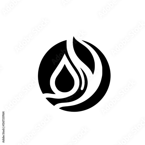 Symbolic black and white logo depicting a stylized flame or leaf within a circular frame, evoking nature and energy.