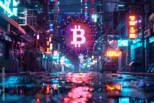 A glowing hologram bitcoin symbol at the center, surrounded by neon lights of futuristic city.