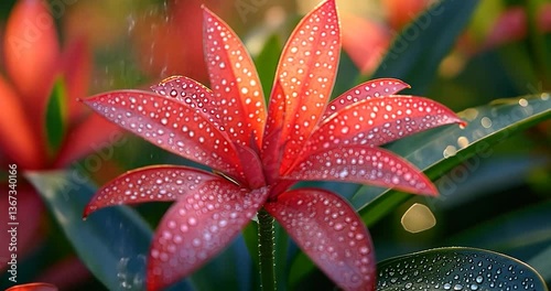 Dew drops on a vibrant red flower with pointed petals.