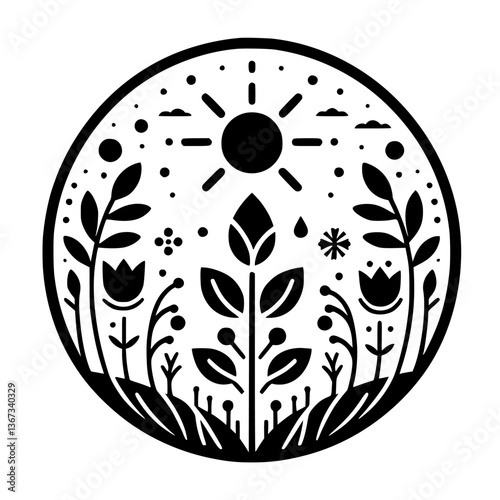 Circular Black and White Botanical Illustration Featuring Sun, Plants, and Nature Elements, Depicting Seasonal Changes.