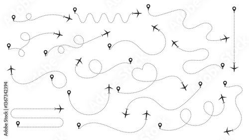 Set of Airplane Routes with Dashed Line Traces, Map Pins & Travel Path Vector Design