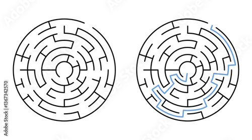 Circle Labyrinth Maze Game for Children Worksheet with Solution