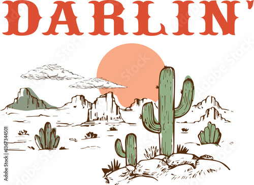 Desert cactus western rodeo Palm Springs California Arizona cowboy darlin slogan Graphic Tee t-shirt logo slogan artwork typography tote badge emblem crest Fashion ranch country Apparel 