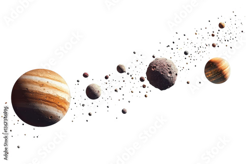 Exploring the vastness of space with a lineup of celestial bodies traveling through the cosmos isolated on transparent background