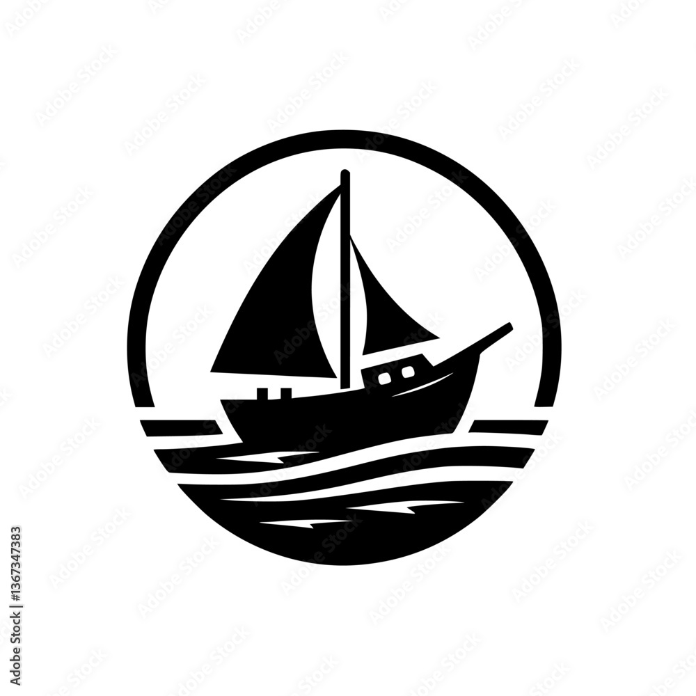 Monochromatic Sailing Boat Silhouette Within a Circular Frame, Depicting Ocean Waves and a Classic Ship Design. Monochromatic Sailing Boat Silhouette Within a Circular Frame, Depicting Ocean Waves and a Classic Ship Design.