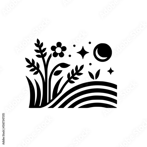 A stylized black and white logo featuring a floral scene, crescent moon, stars, rolling hills, and grassy elements.