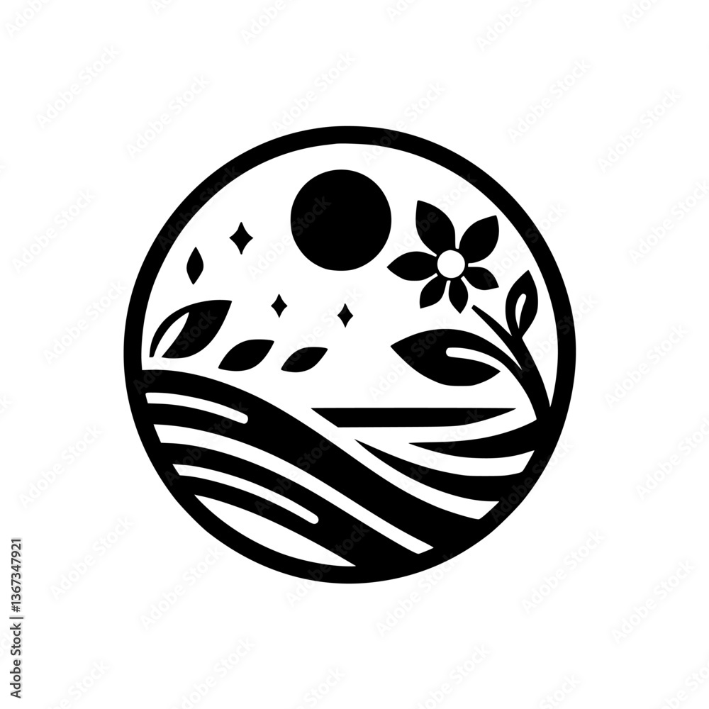 Fototapeta premium Minimalist Circular Graphic Depicting Tranquil Night Scene with Flower, Fields, Stars and Moon.