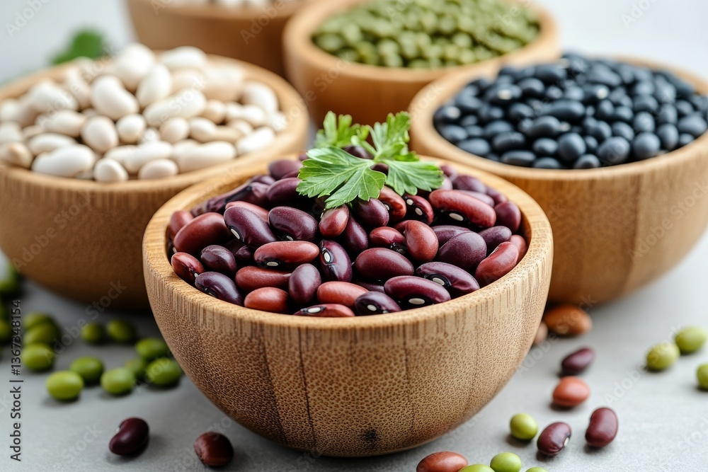 Wooden bowls filled with an array of colorful beans, set against a light background Wooden bowls filled with an array of colorful beans, set against a light background