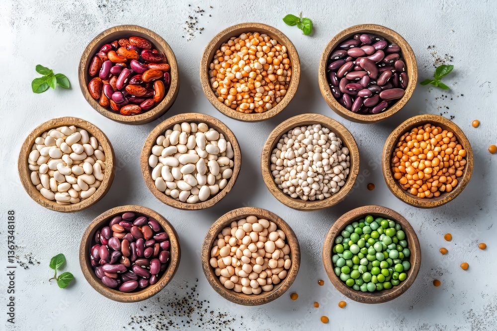 Colorful beans arranged in wooden bowls on a light-colored surface Colorful beans arranged in wooden bowls on a light-colored surface