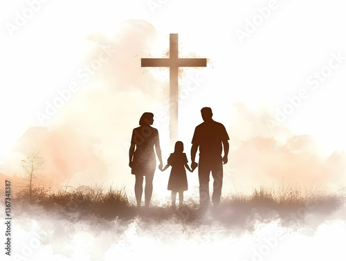 Silhouette Family Under Cross with Golden Sunlight Illustration