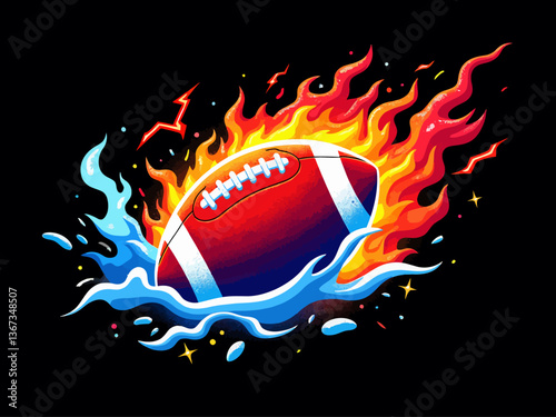  American football, made of fire and water, surrounded by lightning bolts against a black backgroun