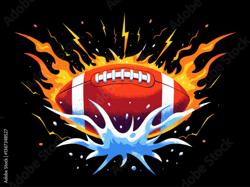  American football, made of fire and water, surrounded by lightning bolts against a black backgroun