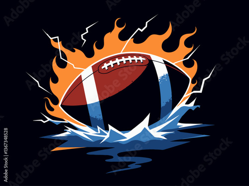  American football, made of fire and water, surrounded by lightning bolts against a black backgroun