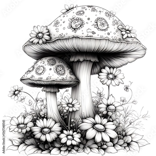 Ornate mushrooms and daisies.