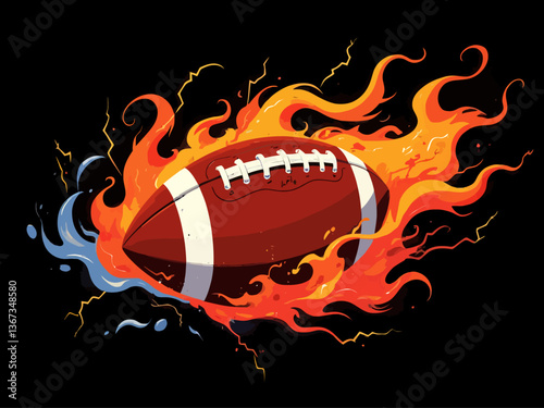  American football, made of fire and water, surrounded by lightning bolts against a black backgroun