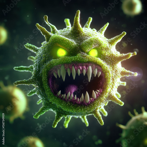 detailed illustration of angry virus cell, showcasing its spiky surface and menacing facial features. vibrant green color and glowing eyes enhance threatening appearance, evoking sense of danger