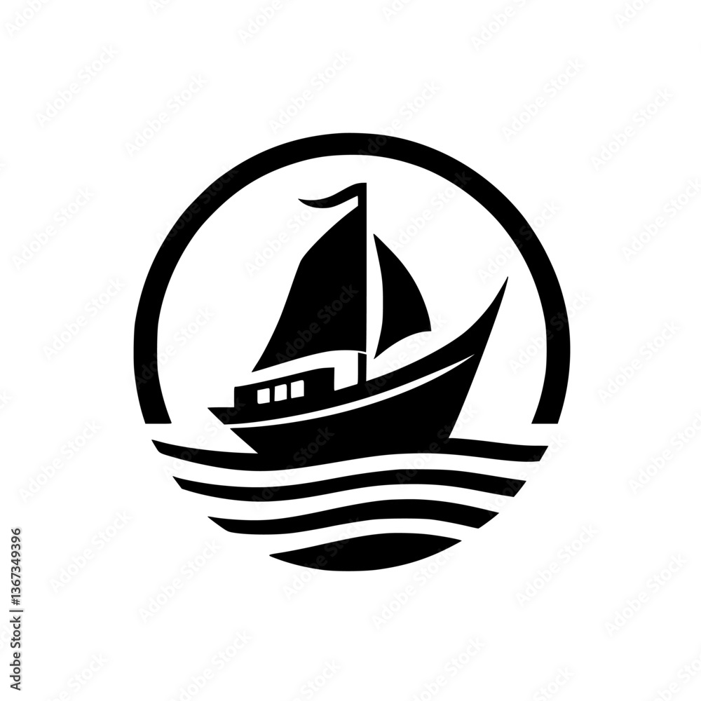 Elegant monochrome vector logo depicting a sailboat traversing stylized ocean waves within a circular frame, evoking a sense of adventure and travel. Elegant monochrome vector logo depicting a sailboat traversing stylized ocean waves within a circular frame, evoking a sense of adventure and travel.