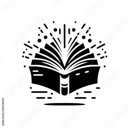 A stylized black and white icon of an open book emitting radiant lines and dots, symbolizing knowledge and enlightenment against a plain white background.
