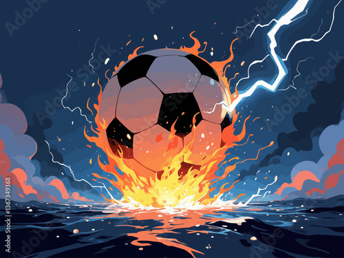  Soccer ball in water and fire with thunder, vector illustration, background color dark blue, white lightning
