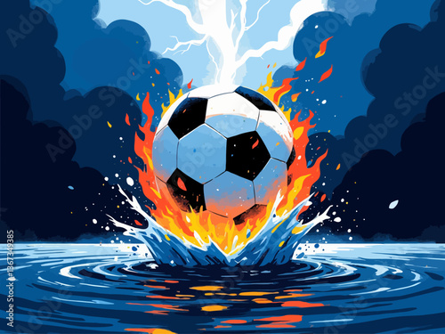  Soccer ball in water and fire with thunder, vector illustration, background color dark blue, white lightning