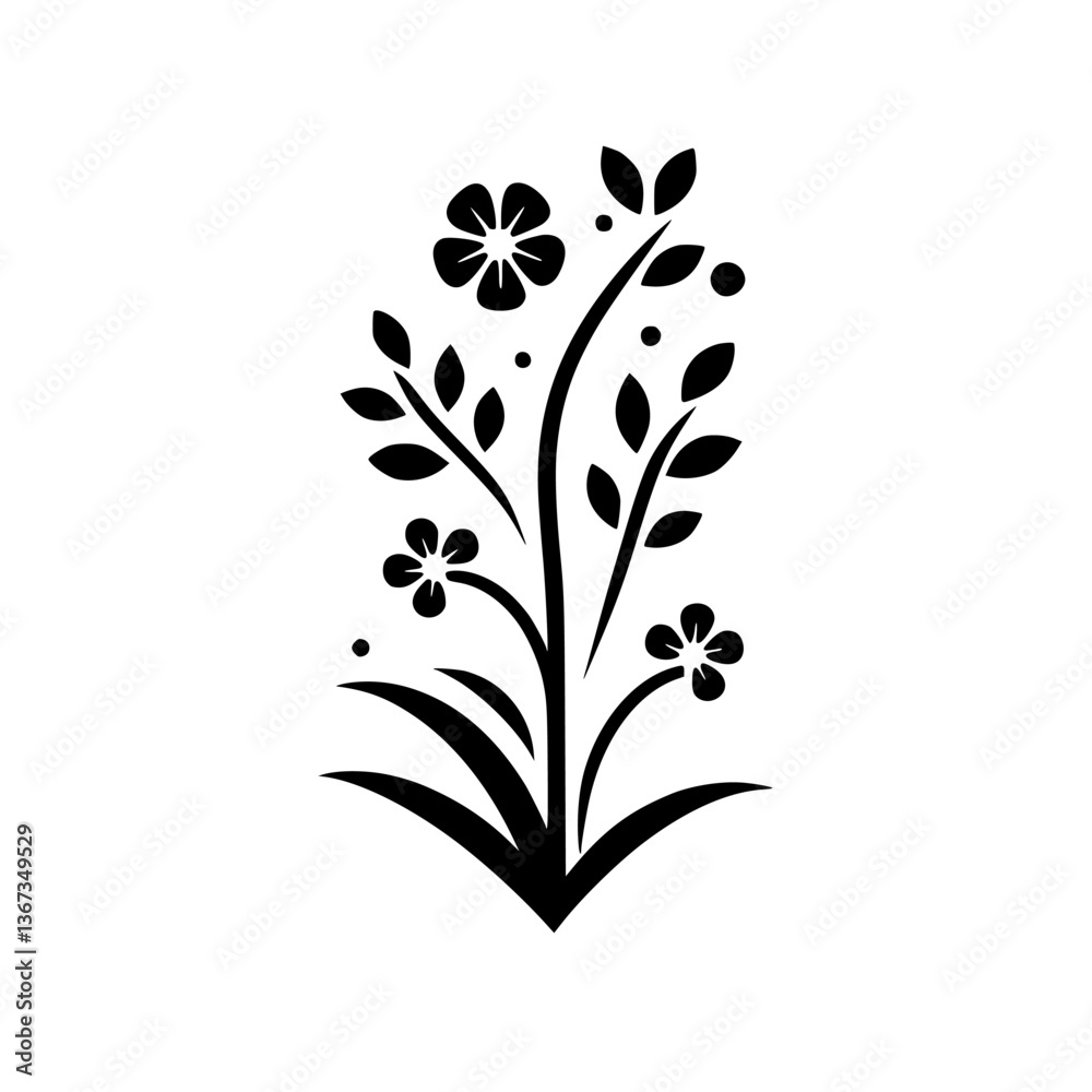 A minimalist black and white stylized floral illustration depicting a sprig of leaves, blossoms, and berries, on a stark white background. A minimalist black and white stylized floral illustration depicting a sprig of leaves, blossoms, and berries, on a stark white background.