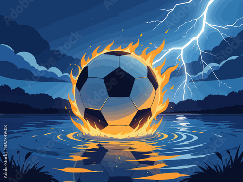  Soccer ball in water and fire with thunder, vector illustration, background color dark blue, white lightning