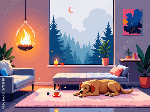 surreal cozy living room with floating elements, glowing fireplace that hovers in mid-air, minimalist furniture