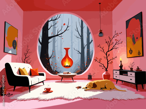 surreal cozy living room with floating elements, glowing fireplace that hovers in mid-air, minimalist furniture